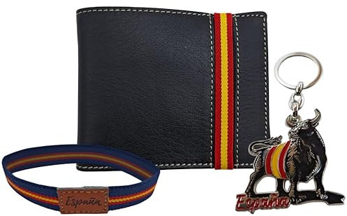 Planta Color Cartera de Piel para Hombre Hecha artesanalmente en Ubrique Hombres y jóvenes, Incluye Llavero y Pulsera de temática española. (87 Negro Elástico España)