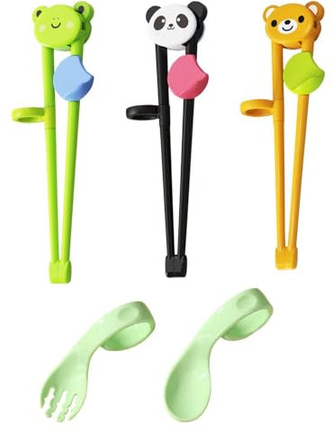 3 Pares De Palillos Para Niños, 1 Tenedor Para Niños, 1 Cuchara Para Niños, Palillos De Animales De Dibujos Animados, Vajilla De Aprendizaje Para Niños, Vajilla Reutilizable