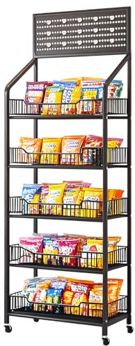 simdennr 5-stöckiges Süßigkeiten-Ausstellungsregal aus Metall mit Rädern und Haken, Konzessions-Süßigkeiten-Snack-Ausstellungsregale, stabiles Chip-Regalregal für Geschäfte, Küche, Büro