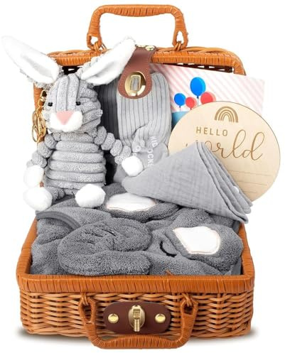 Baby Geschenke zur Geburt, neugeborenen geschenkkorb junge, 7 in 1 Baby Geschenkset Geburt mit Babydecken, Socken, Geschenkboxen Körbe, Baby Dreieckstuch, Plüschtiere, Grußkarten, Geburtskarten
