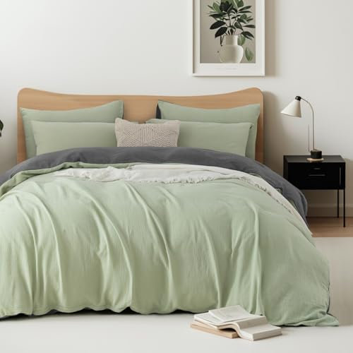 Boqingzhu Baumwolle Muslin Bettwäsche Grün Grau Salbeigrün 135x200cm Weich Kuschelig Sommer Wendebettwäsche Set Bettbezug 135x200cm und Kissenbezug 80x80cm mit Reißverschluss