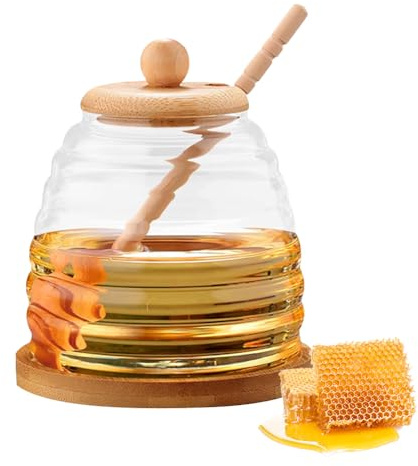 FOGARI Tarro de miel con cuchara de miel de madera, 500 ml, dispensador de miel, olla de miel con tapa, tarros de miel con cuchara, tarro de miel con tapa de madera, recipiente para alimentos