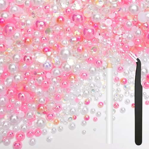 Bouiexye 80g Mix Flatback Pearls Pink White Rhinestones for Clothes Half Round Pearls Gems Rhinestones for Crafts Face Nail Art Bottles Tumblers Shoes Gift DIY Bedazzling (Size 2mm-10mm)