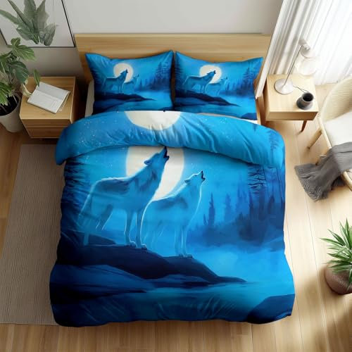 CozyRest Housse de Couette Forêt de pins Loup Animal 2 pièces Parure de lit 1 Personne Enfant Ultra Doux Respirable Housse de Duvet Réversible, avec Fermeture Éclair (Bleu 90 x 190 cm)