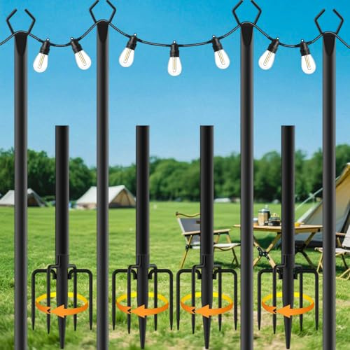 Orifesio 4 Pack Lichterketten Halterung Outdoor, 3M/10FT Lichterkette Stange Außen mit Gabel, String Light Poles, Metallstangen für Draußen, Terrasse, Garten, Deck, Hochzeit, Party, Weihnachten