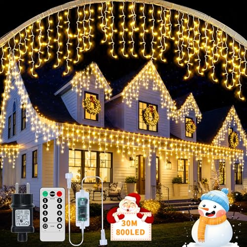 RJEDL 25+5M 800 LED Rinnovabili Luci di Natale da Esterno, Luci Natalizie da Esterno Cascata con 8 Modalità,Timer,Funzione Memoria Tenda Luminosa Esterno per Decorazioni Natalizie da Balcone
