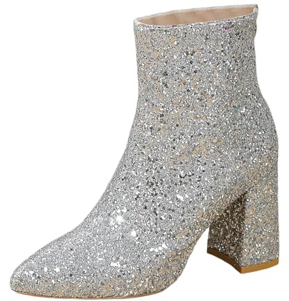 Generisch Stivaletti da donna con brillantini, per feste, con chiusura lampo, con tacco a blocco, da donna, per carnevale, da donna