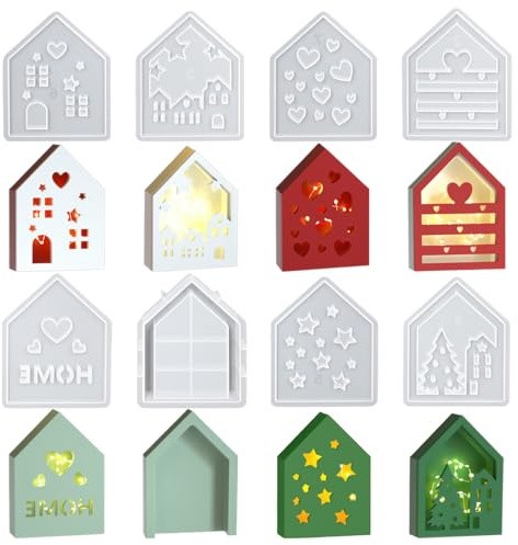 Moldes de yeso para fundir Navidad, 8 unidades, moldes de silicona para casas con ventanas y puertas recortadas, para decoración navideña, moldes de silicona