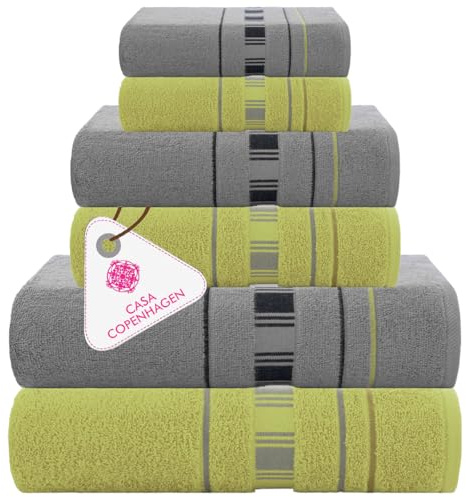 Casa Copenhagen 6pcs Bathroom Towel Gift Set, 600GSM,Grise Verte | Xline 100% coton égyptien pur cuisine, douche: 2 serviettes bain, 2 mains, 2 gants (coffret cadeau femme et homme)