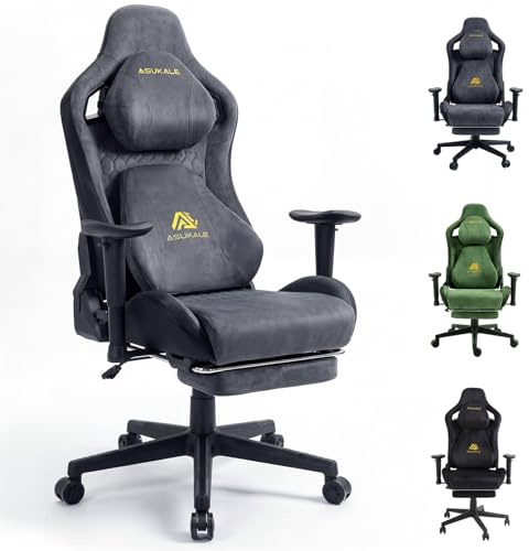 Asukale Gaming Stuhl, Ergonomischer Wildlederimitat Gamer Chair, Fußstütze & 3D Armlehnen, Bürostuhl 200kg, Grau