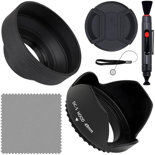 ZHUROUPU 49mm Camera Lens Hood, Tulip Flower & Standard Rubber Lens Hood (Collapsible in 3 Steps) with Camera Cap Cover & Anti-Loss Keeper for Canon for Nikon for Sony + Cleaning Cloth & Cleaning Pen