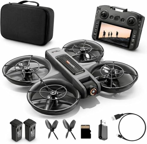 RC Drohne mit HD Dual Kamera, Display Fernbedienung, Brushless Motor, 90° Kamera, FPV Livebild, Optical Flow, 360° Flip, LED, für Anfänger und Kinder (Schwarz, Akkus: 2 St.)