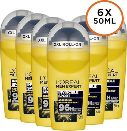 L'Oréal Paris Men Expert 96H Invincible Sport Anti-Perspirant Roll On Deodorant for Men, 50ml Pack of 6, Bulk Buy