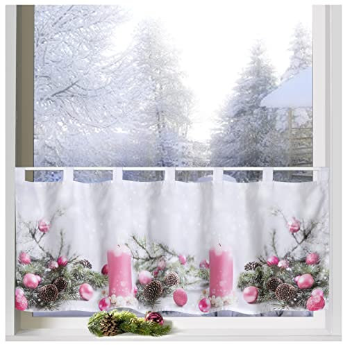 heimtexland ® Scheibengardine Weihnachten 45x120 Dekoration Fenster-Deko Weihnachts-Gardine Pink Rosa Typ651