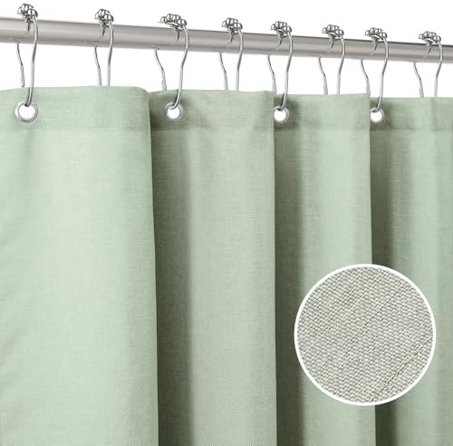 VANZAVANZU Rideau de Douche Lin avec Anneaux en Métal Imperméable Anti-Moisissures Polyester Tissu Rideau Salle de Bain Lourd pour Baignoire Cabine de Douche - 182x182CM (Vert Sauge)