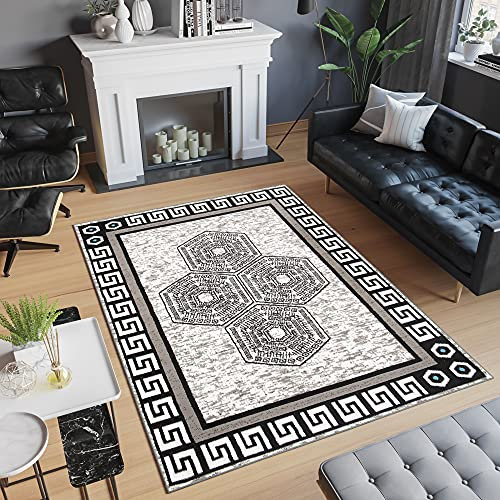 TAPISO Atena Teppich Kurzflor Wohnzimmer Schlafzimmer Büro Weiß Grau Schwarz Griechisch Geometrie Modern Hexagon Mäanderband Design ÖKOTEX 140 x 200 cm