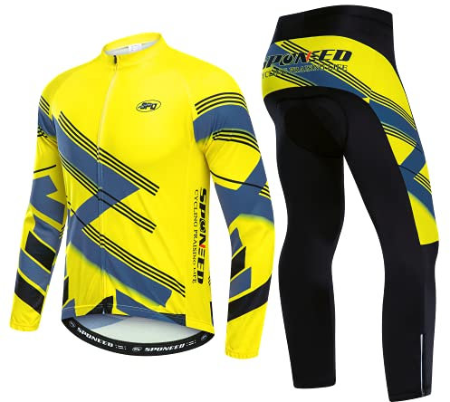 sponeed Fahrradbekleidung für Herren, langärmelig, Mountainbike, Rennrad, Shirt, Jeresys, Hose, gepolstert, Fahrradjacke, Outfit, Gelb mehrfarbig, Groß