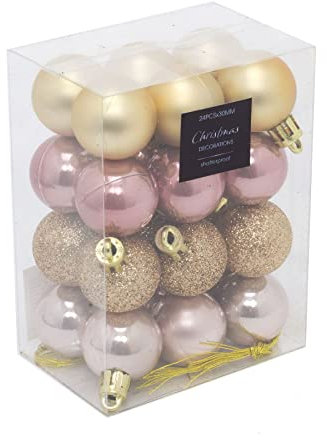 Carousel Home 24 Piece Gold And Pink Mini Christmas Baubles | Gold Xmas Baubles | Plastic Christmas Tree Decorations