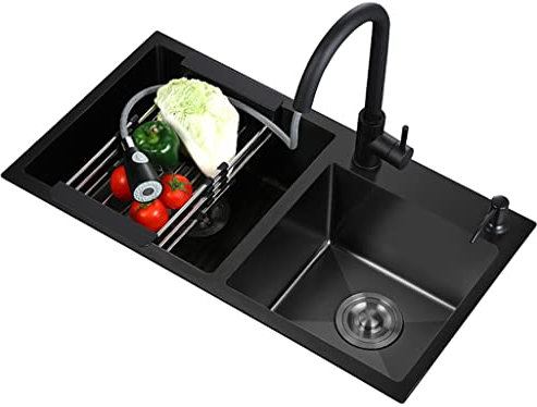 Fregadero de cocina Negros, con Grifo Extraíble, Fregadero De Acero Inoxidable 304 Profundo De Dos Senos, Instalación Empotrada O Empotrada (Color : Black, Size : 80x45cm)