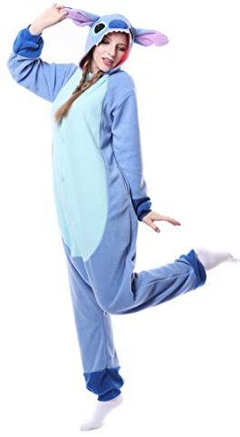 RANSUU Stitch Onesie Kostüm Relaxo Jumpsuit Erwachsene Pyjama Damen Herren Tier Schlafanzug Weihnachten Karneval Halloween Blue XL
