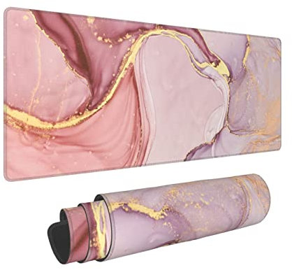 Roségold Marmor Mauspad Abstrakt Rosa Schreibtischunterlage 80 x 20 cm Marmorierte Textur Rutschfeste Gummiunterseite Große Roségold Mauspad Genähte Kanten Tastatur Mauspad Schreibtischunterlage für