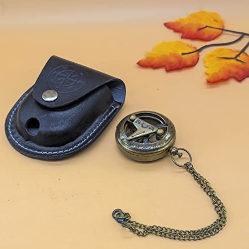 Messing Antik Sonnenuhr Kompass mit Lederetui | Druckknopf 5 cm Durchmesser Antik Finish Vantage Kompass mit langer Kette | Geburtstagsgeschenk, Taufzirkel