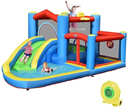 GOPLUS Aufblasbare Hüpfburg mit Rutsche, Sprungbereich, Bällebad, Dartspiel, Basketballring, für Innen- und Außenbereiche, für 3 Kinder von 3 bis 12 Jahren, 410x310x191 cm (Meer, Mit Gebläse)