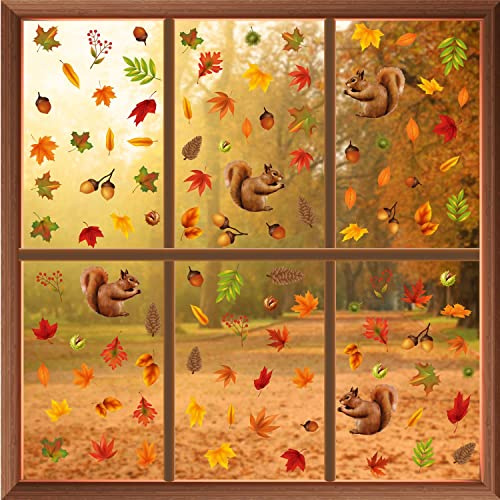 WALPLUS Autumn Window Stickers Clings Home DecorationsRemovable Reusable Double-Sided Print Decals for Glass Living Room Windows Display Autumn Leaves with Squirrel 108 Pieces, WSW6006, One Size
