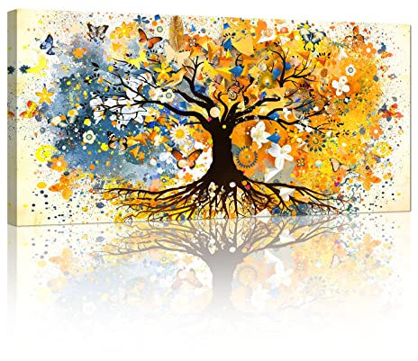 Groß Mit Rahmen Leinwandbilder Bilder, Abstrakt Gelb Buntes Baum des Lebens bild auf Leinwand Wandkunst Wandbilder Kunstdruck Gemälde Deko für Wohnzimmer Schlafzimmer, fertig zum Aufhängen 100×50cm