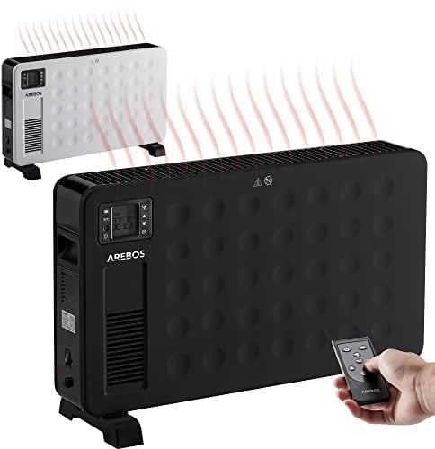 Arebos Konvektor 2300 W | 3 leistungsstarke Heizstufen | Inkl. Fernbedienung integriertes Thermostat | Energiesparend | Überhitzungsschutz | LCD-Display Timer mobiles Heizgerät | Schwarz