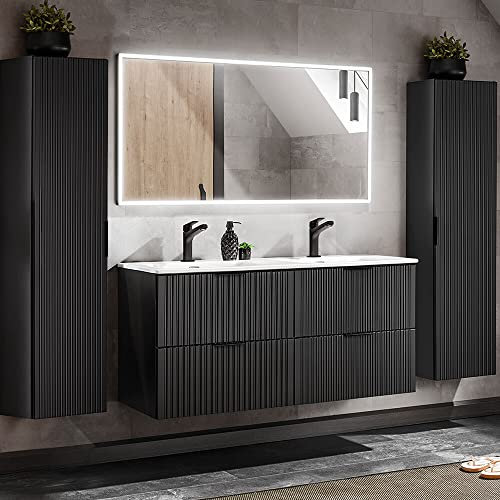 Lomadox Badezimmermöbel Badmöbel Komplett Set, matt schwarz Rillenoptik, 120cm Waschtisch mit Unterschrank, Keramik Waschbecken, LED-Spiegel, 2 Hochschränke, B/H/T 170/200/46 cm