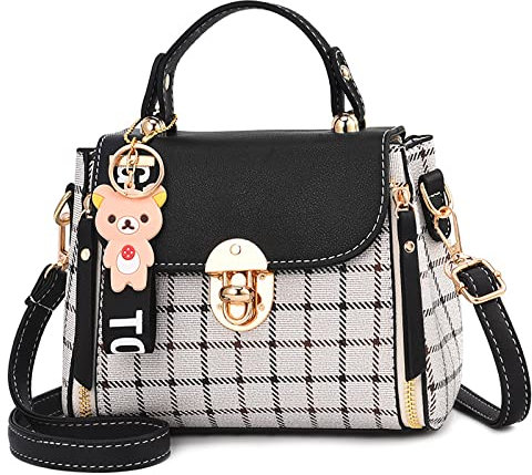 DORRISO Sac à Main Femmes Petit Mignonne Bandoulière Sac Mode Treillis Crossbody Bag Travailler Voyage Décontracté Quotidien Fille Cuir PU Sacs à Rabat Noir