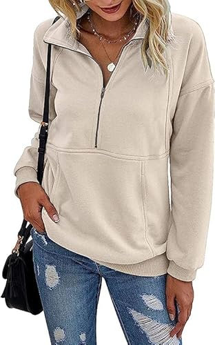 Sweatshirt Damen ohne Kepuze Beige Warm Baumwolle Sweatpullover Langarm Moderne Sweat Frauen Pullover mit Reißverschluss Oberteil M