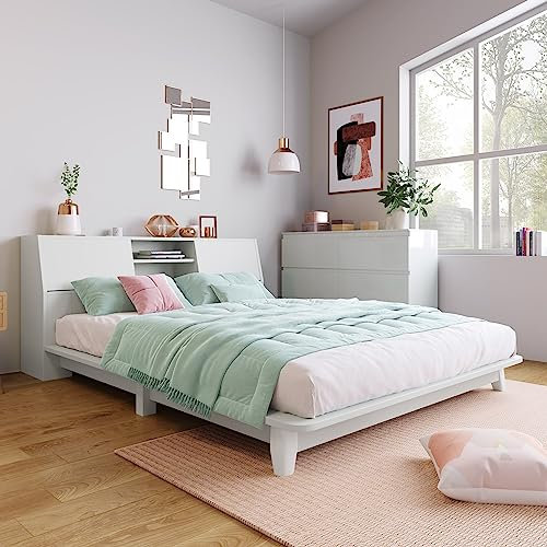Daesar Massivholzbett Doppelbett 140x200 mit Stauraum, Bettgestell mit Lattenrost und Kopfteil, Modern Holzbett Jugendbett Weiß (ohne Matratze)