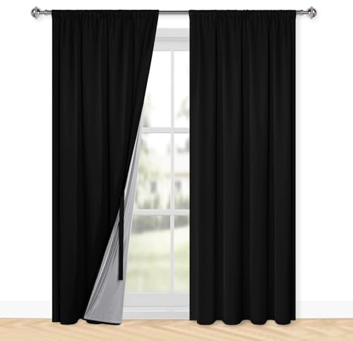 XWZO 100% Blickdichte Vorhänge Wohnzimmer, Vorhänge mit Kräuselband, Gardinen Schlafzimmer, Doppellagige Dicke Verdunklungsvorhänge Thermovorhang Kälteschutz, 220x140 cm(HxB) Schwarz 2er Set