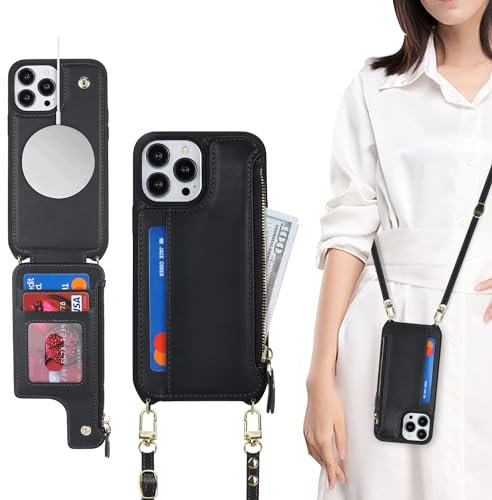 SailorTech for iPhone 12 Pro Max Case with Credit Card Holder magsafe, iPhone 12 Pro Max Phone Leather Case Wallet for Men Crossbody with mag safe Zipper Shockproof Case for Women - Black