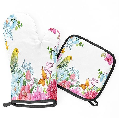 Ofenhandschuhe Topflappen Set Blume, Vogel, Blumen, Orchideen, Schmetterlinge Backhandschuhe Küchendekoration Kochhandschuhe Mit Innere Baumwollschicht Topfhandschuhe, Für Grillen, Backen
