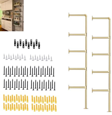 Gold Industrial Wall Mount Iron Pipe Shelf Bracket,Retro DIY Open Bookshelf,Storage Shelves, Ceiling hung Shelves for Home Kitchen Bathroom Living Room Office(2PcsX5Tier,68Tall,10deep,Hardware Only)