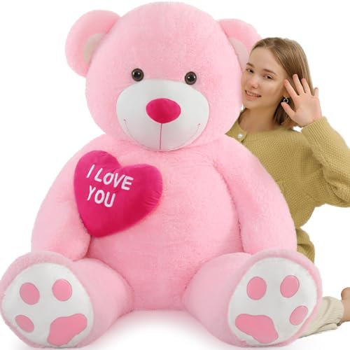 MorisMos Orso Peluche Gigante 150cm con Cuore, I Love You Rosa Orsacchiotto Peluche Grande XXL Morbido, Orsetto Carini Regali San Valentino per Lei Ragazze Bambini Fidanzata Donna