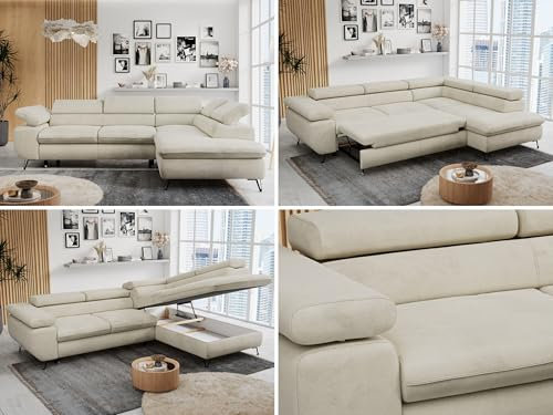 MKS MEBLE Ecksofa Sofa Beige, Wohnlandschaft L-Form mit Schlaffunktion und Bettkasten, Schlafsofa mit Bettkasten, Sofa mit Einstellbare Kopfstützen, Peter L - Beige Velvet - Rechts Beige