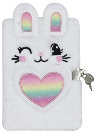 Plush Bunny Secret Diary with Lock and Key, Cute Glitter Locking Journal Writing Drawing Notepad for Girls Kids (160 Pages)