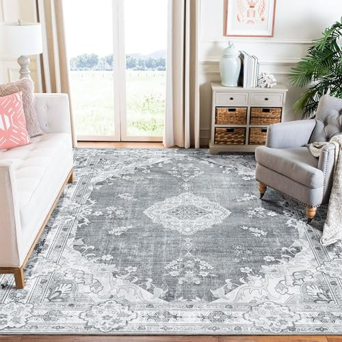 MUJOO Grauer Teppich, waschbar, für Wohnzimmer, Schlafzimmer, Esszimmer, großer Boho-Stil, Vintage-Stil, Landhausstil, Used-Look, rutschfest, florale Blumen