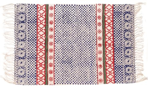 GURU SHOP Handgewebter Blockdruck Teppich 95x65 cm, Traditionelles Design, Indischer Baumwollteppich, Bad Läufer - Blau/rot
