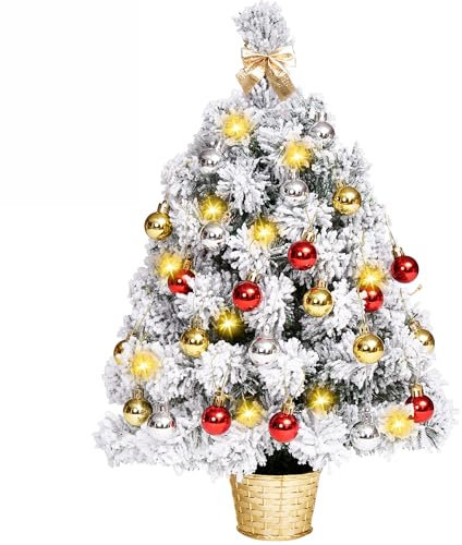 Snow Flocked Mini Tabletop Christmas Tree with LED Lights Artificial Small White Desk Christmas Tree Lighted Battery Operated Snowy Christmas Xmas Tree with Ball Ornaments 50cm White