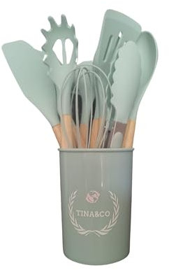 TINA&CO Juego de 12 Utensilios de Cocina de Silicona con Mango de Madera - Kit de Cocina Completo de Menaje, Antihaderente, Resistentes al calor y Duraderos (Verde Mint)