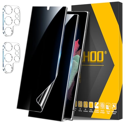 JEHOO for Samsung Galaxy S21 Ultra Privacy Screen Protector, 2 Pack Support Fingerprint Unlock Flexible Soft Film + 2 Pack Camera Lens Protector, Anti-Spy, Scratch Resistant, Self-Healing