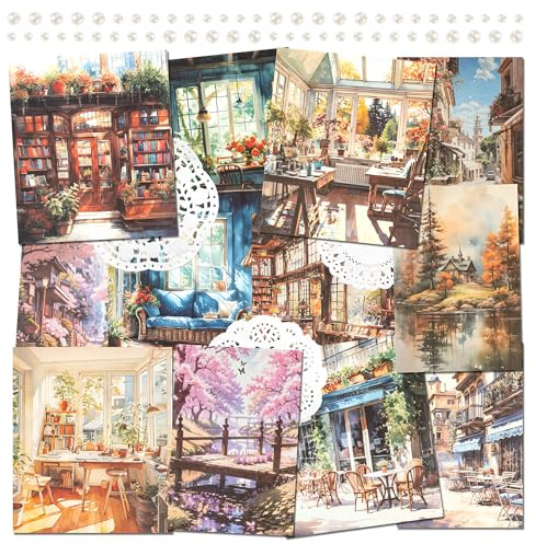 2 Packungen Scrapbook-Papier, Straßen- und Naturlandschaft, Decoupage-Hintergrundpapier, Collage-Papier im Vintage-Aquarell-Stil mit klebriger Perle für Tagebuch, Planer, Kartenherstellung (Alva)