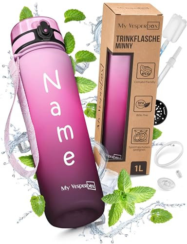 My Vesperbox Minny Gourde pour enfant, personnalisable avec paille ou passoire, sans BPA, pour la maternelle, l'école, les loisirs, le sport (dégradé rose, 1 l)