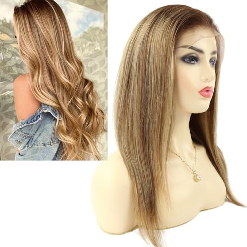 Larafona Hair Echthaar Perücke Glueless Full Lace Wig Braun Strähnt Blond 100% Remy Human Hair Wig mit Babyhaar 18inch/45cm