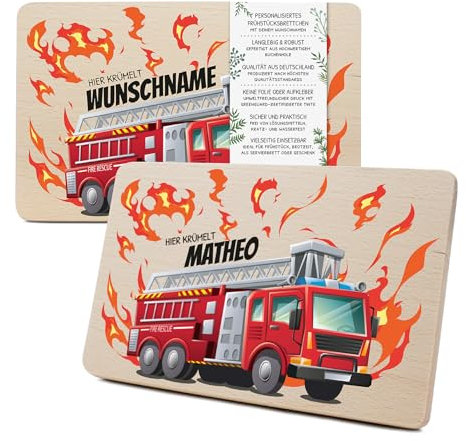 Yabaduu Individuelles Holzbrett für Kinder 23,5x15cm Frühstücksbrettchen Brotzeitbrett personalisiert aus Holz Tier-Motiv als Geschenk Geburtstag Kind RV007 (20 Feuerwehr, Mit Wunschname)